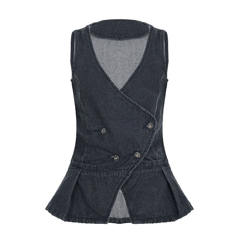 Washed two button V-neck for slimming and foldable denim vest