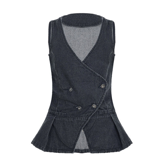 Washed two button V-neck for slimming and foldable denim vest