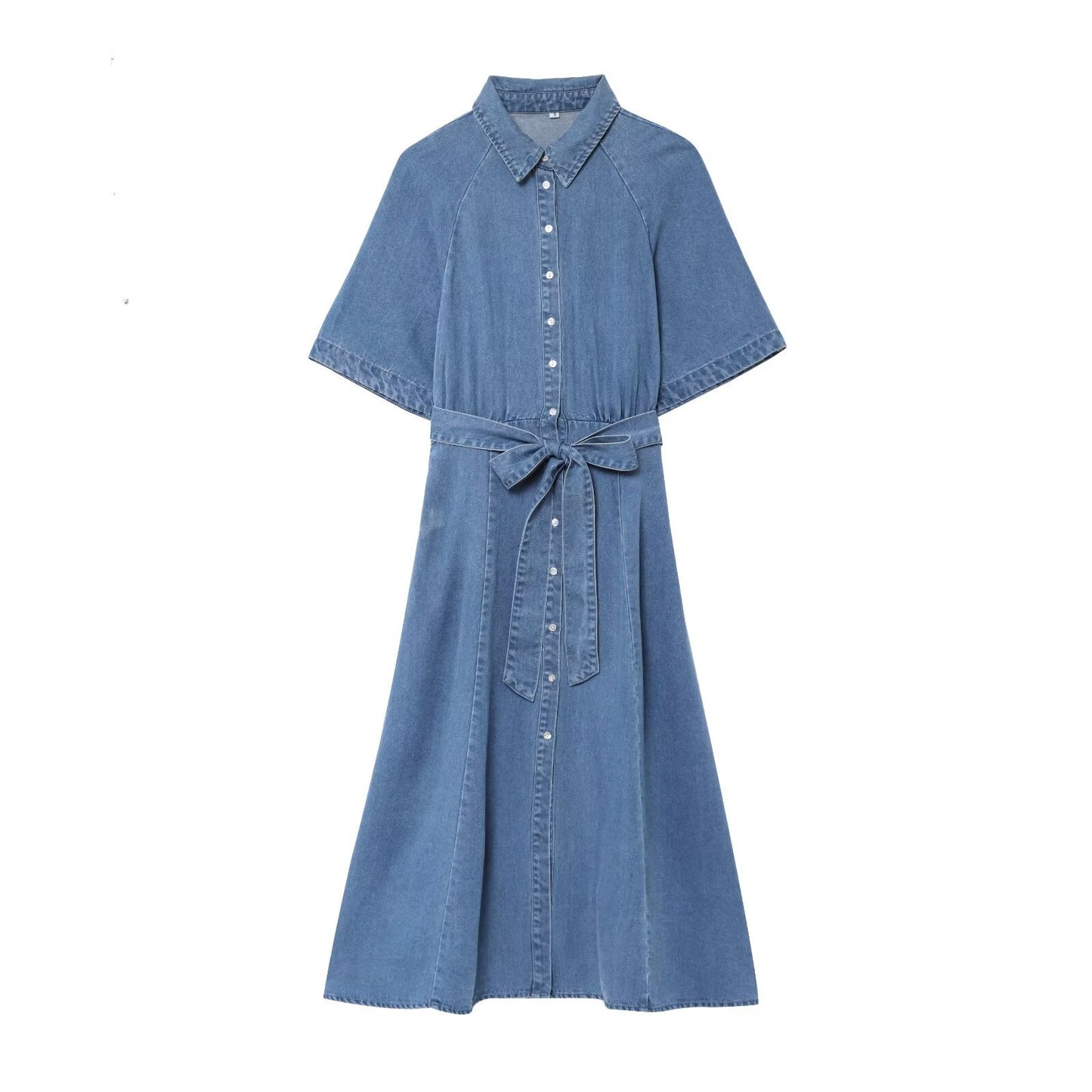 Women's long denim dress with belt and shirt collar