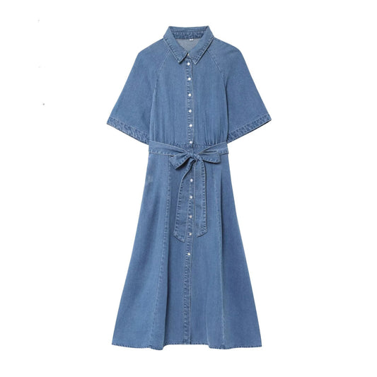 Women's long denim dress with belt and shirt collar