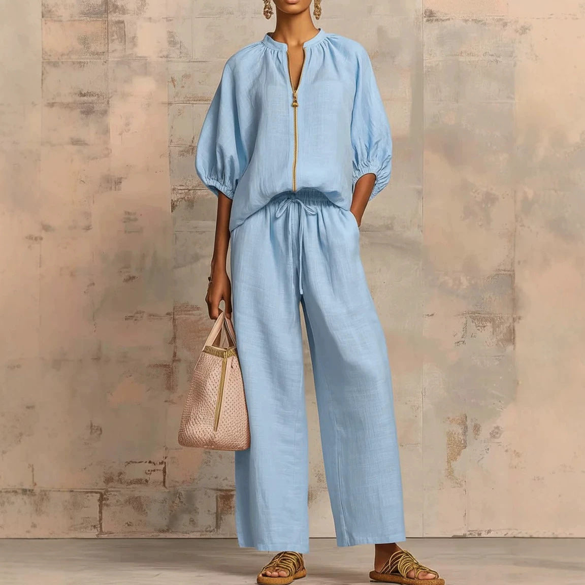 Summer Women's Casual Loose Solid Color Zipper Round Neck Wide Leg Pants Set