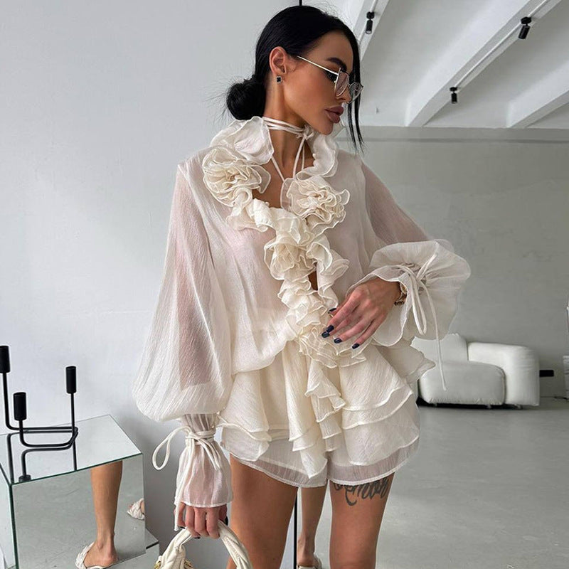 Flower Lantern Sleeve Blouse and Shorts Set