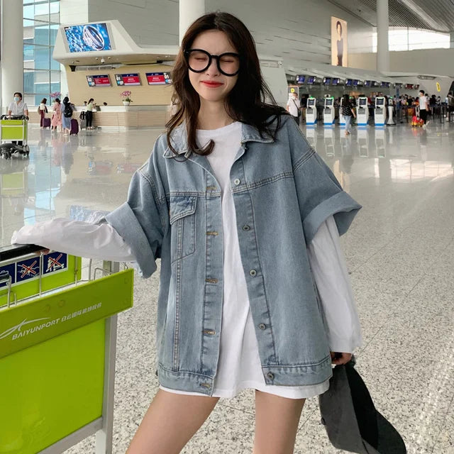 Half Sleeve Denim Jacket For Women Single Breasted Loose Fashion Pocket Patchwork Jackets Coat