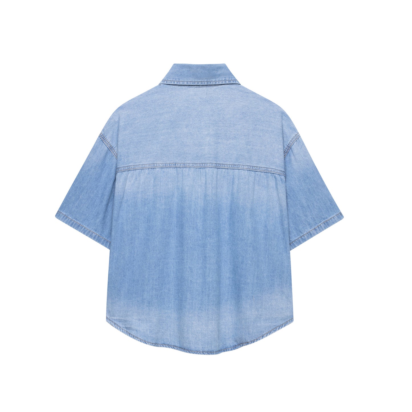 Flip collar short sleeved single breasted denim shirt for women