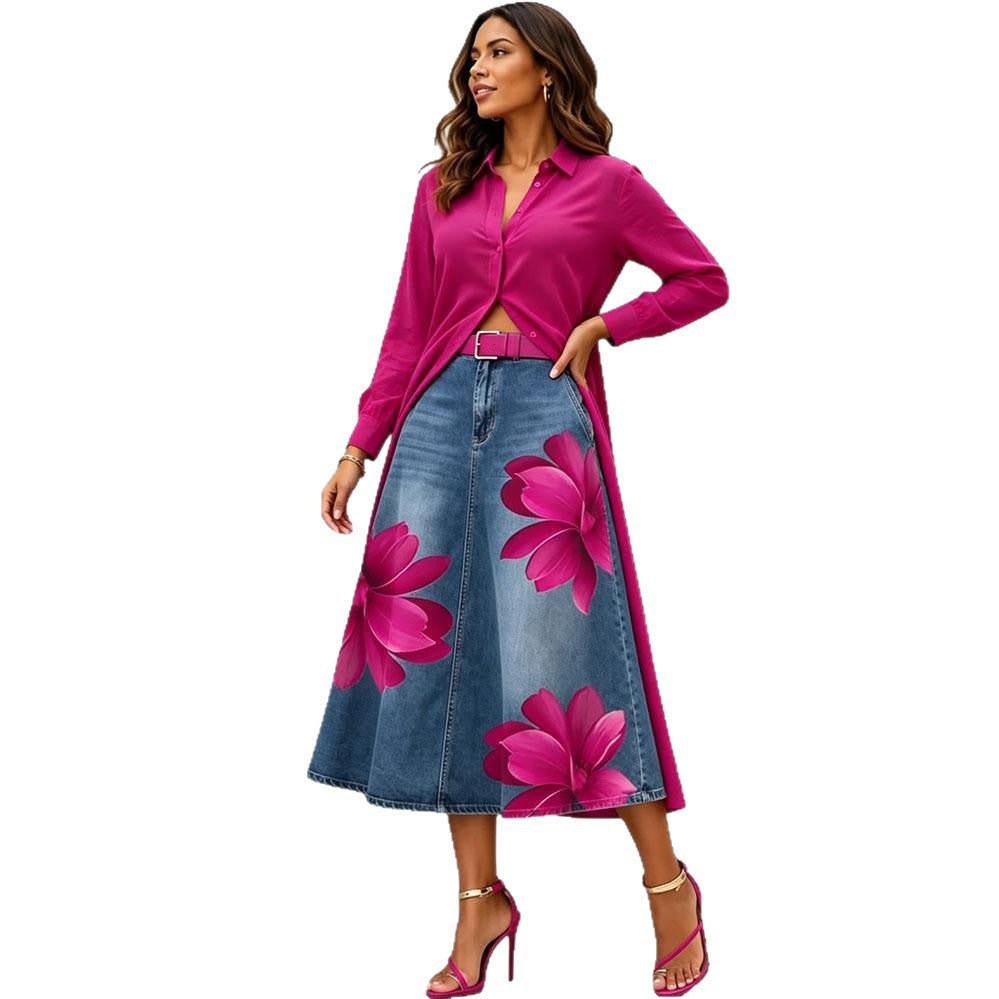Style Floral Print Washed Denim High Waist Midi Skirt