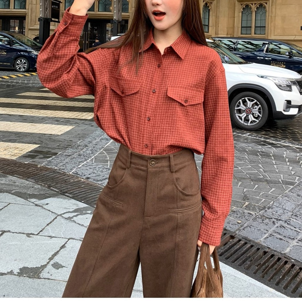 Vintage Plaid Long Sleeve Shirt for Women, Loose Fit, Slimming Design, Stylish Blouse