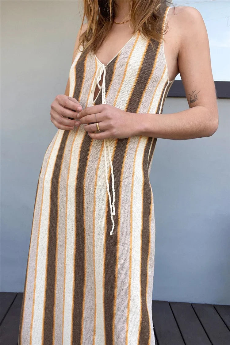 summer knitted midi long straight loose tank dresses for women streetwear chic casual stripe v-neck dress lady robe femme