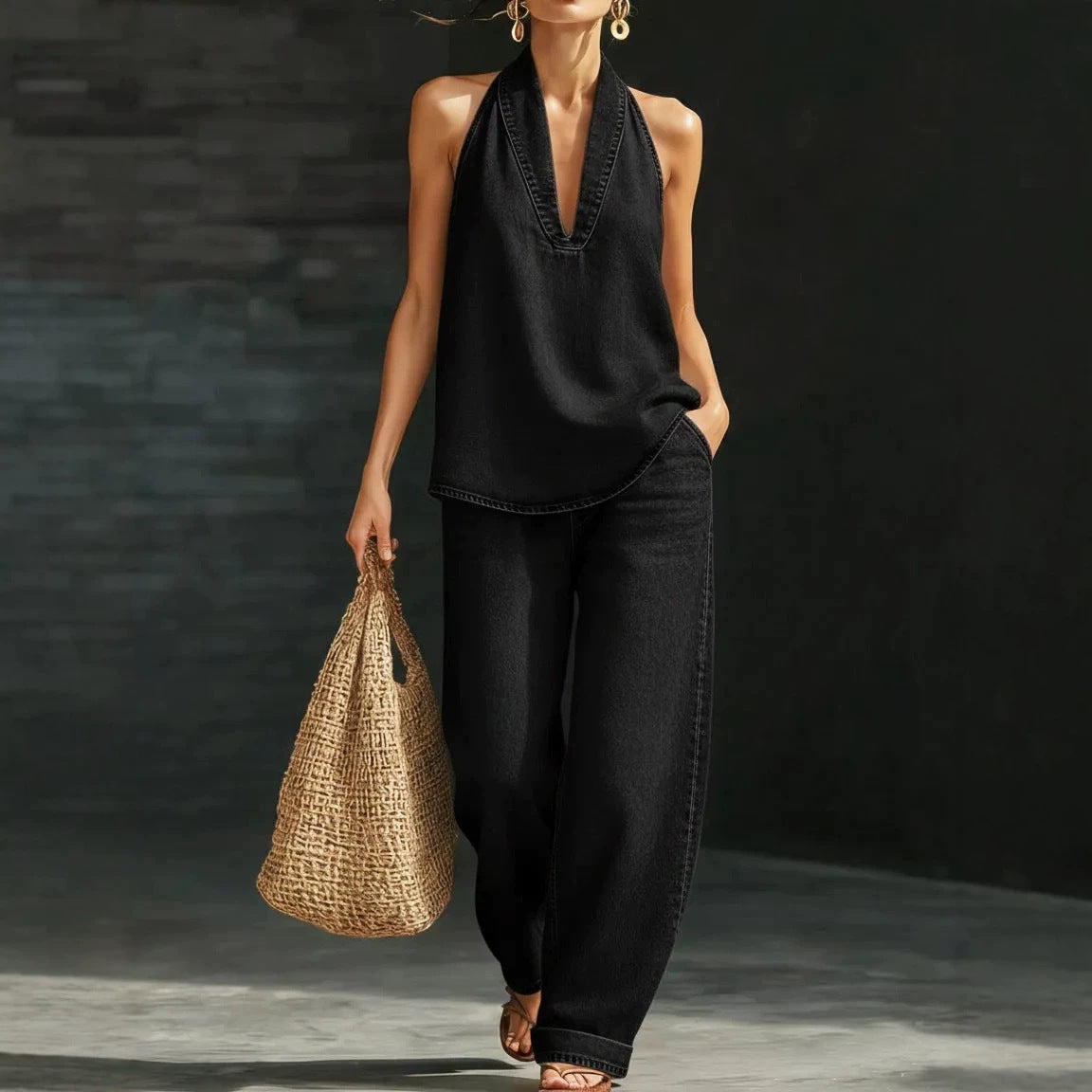 Neck top wide leg pants set