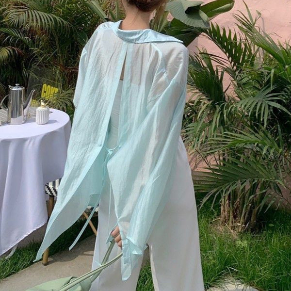 Casual Women's Lightweight Summer Blouse with Back Tie Detail, Sheer Sun Protection Shirt, Loose Bohemian Style