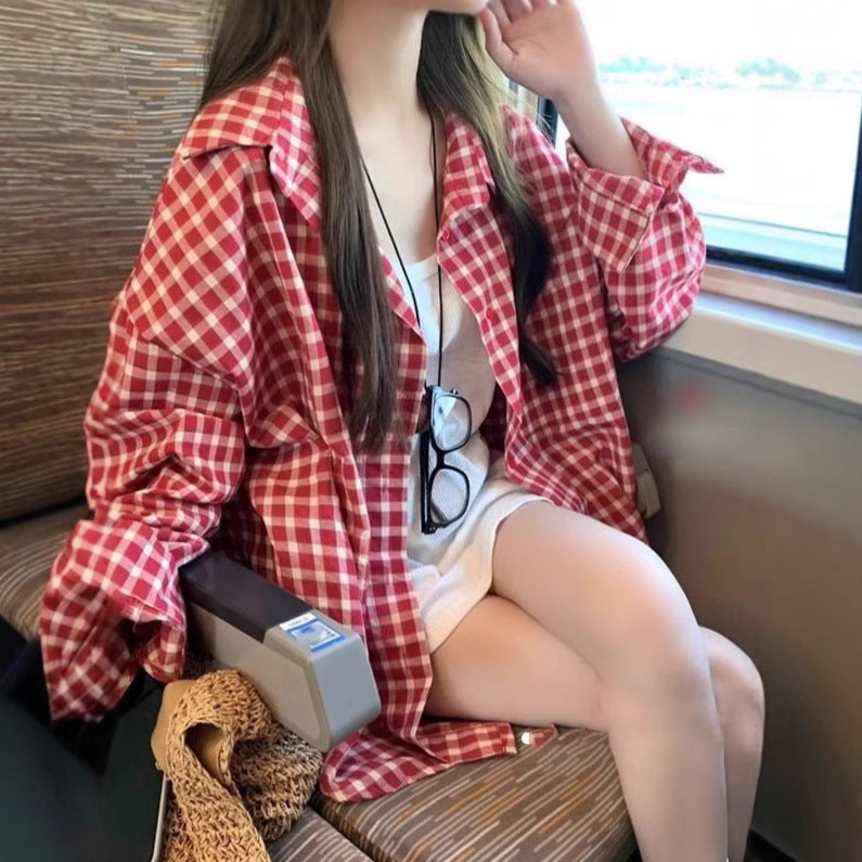 Retro Red Plaid Shirt Jacket Loose Casual Lazy Long Sleeve Sunscreen Blouse Top
