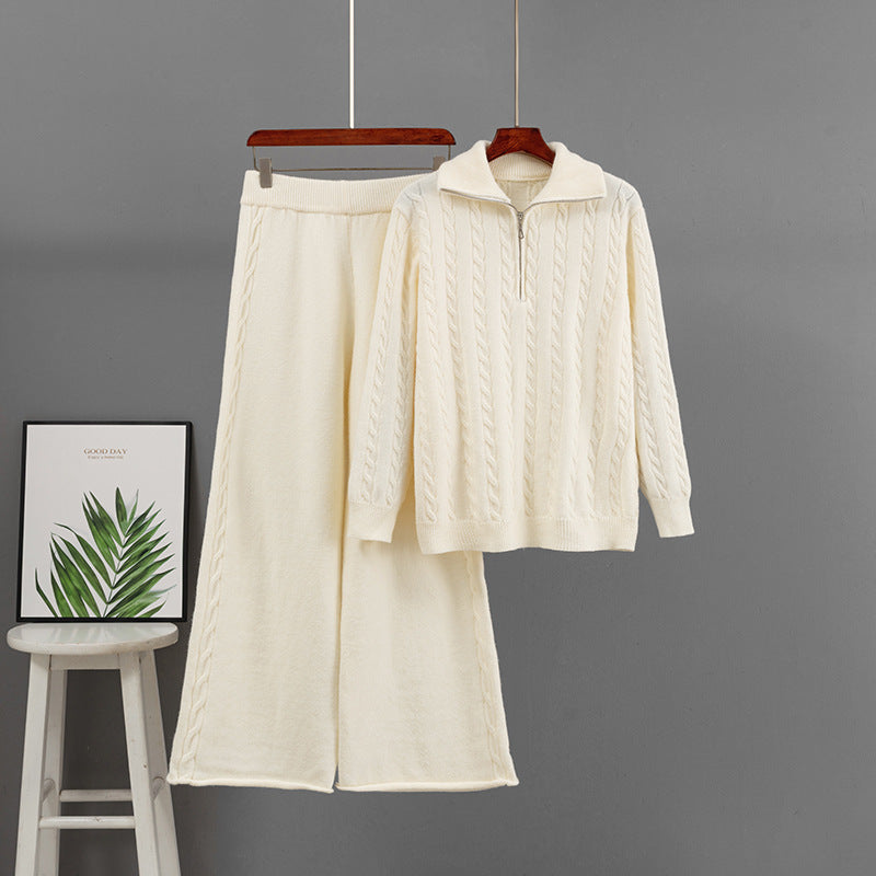 Half zip sweater loose wide leg pants two-piece set for women