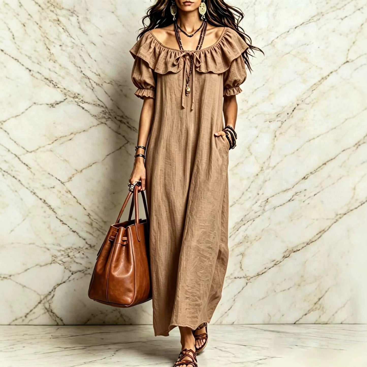 Casual Elegant Round Neck Ruffle Beach Vacation Dress for Women