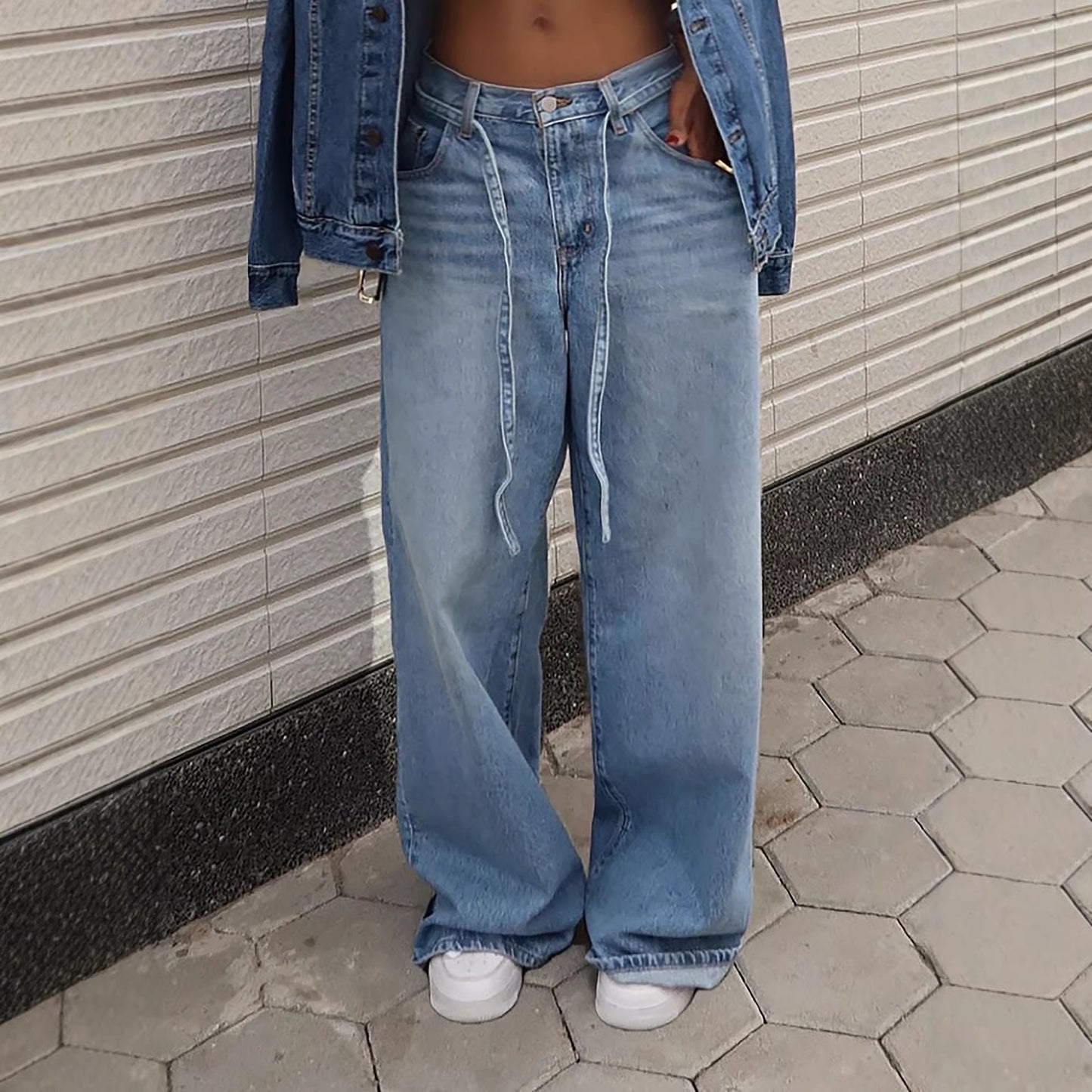 Casual Tied High-Waisted Straight-Leg Washed Denim Pants