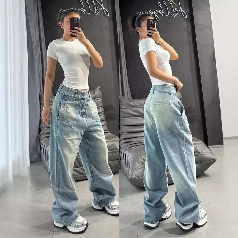 Women's High-Waisted Straight Leg Jeans, Autumn Fashion Dye-Effect Wide Leg Pants