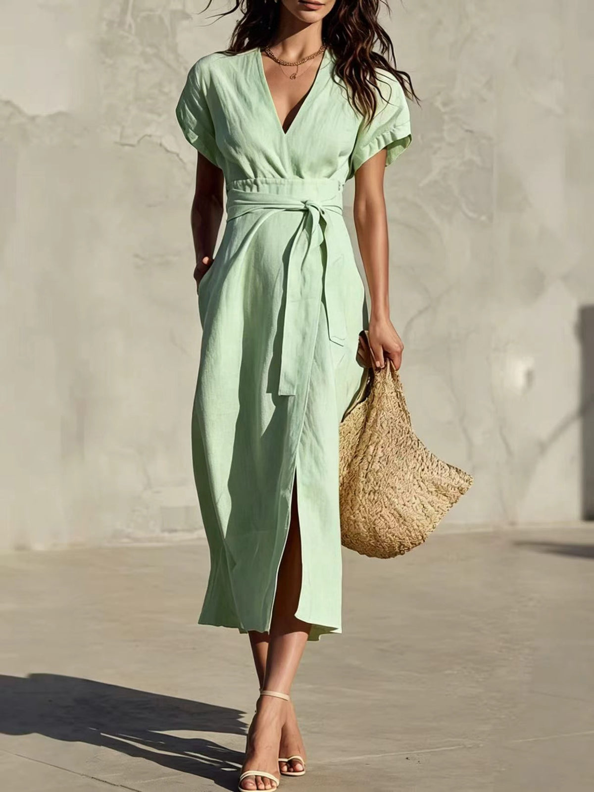 Casual Minimalist Solid Color Tie-Neck Pocket Midi Dress with V-Neckline