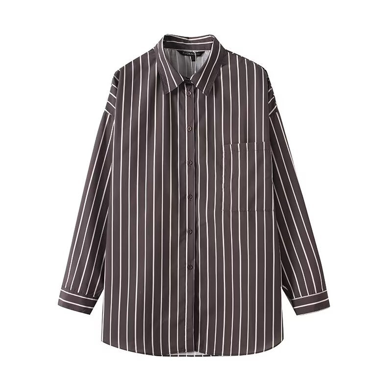 Flip collar single breasted striped loose and versatile shirt for women