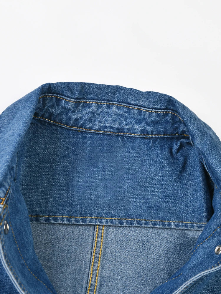 Casual Loose Denim Jackets For Women Lapel Quarter Sleeve Patchwork Pockets Minimalist Jacket Female Fashion New