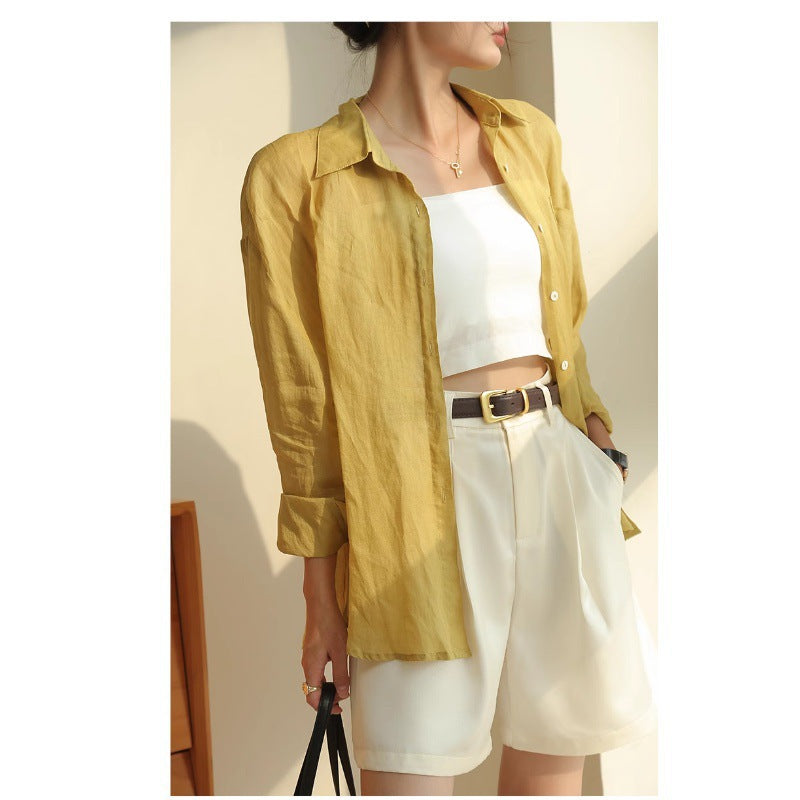 Yellow Ramie Shirt for Women Long Sleeve Lightweight Casual Blouse
