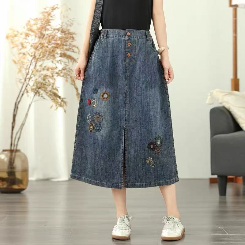 Simple Floral Embroidery Crochet Denim A-Line Skirt Women Loose High Waist Button