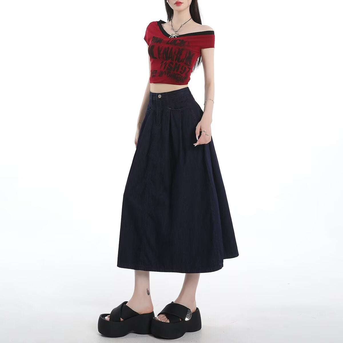 Navy Blue Denim Skirt for Women