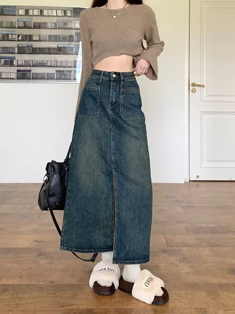 Retro High-Waisted Flared Denim Skirt for Women Fashionable and Stylish Spring Mini Skirt