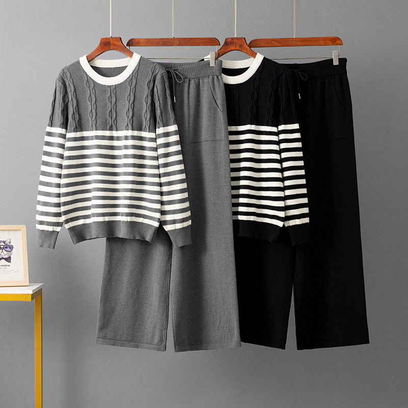 Round neck sweater loose pants two-piece set