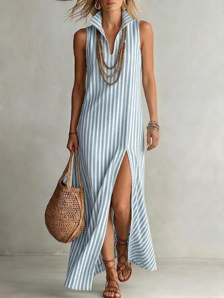 Striped stand up collar sleeveless slit skirt