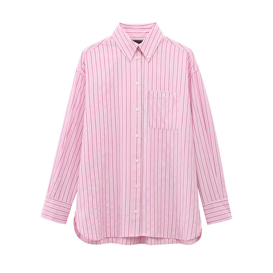 Loose and comfortable long sleeved lapel striped shirt for women