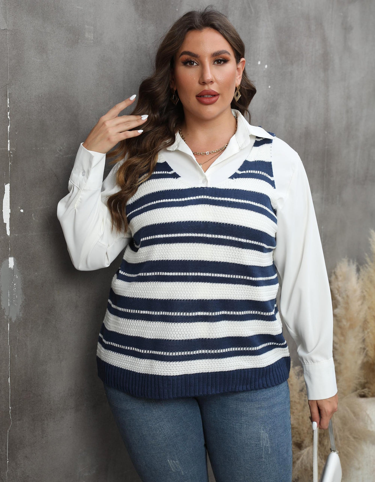 Large size women's striped contrasting splicing casual vest top with woolen vest