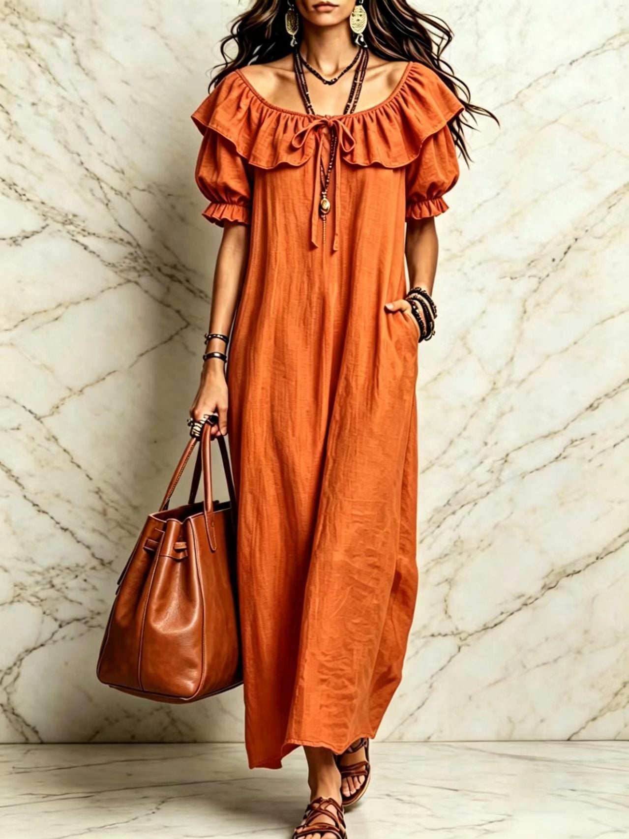 Casual Elegant Round Neck Ruffle Beach Vacation Dress for Women