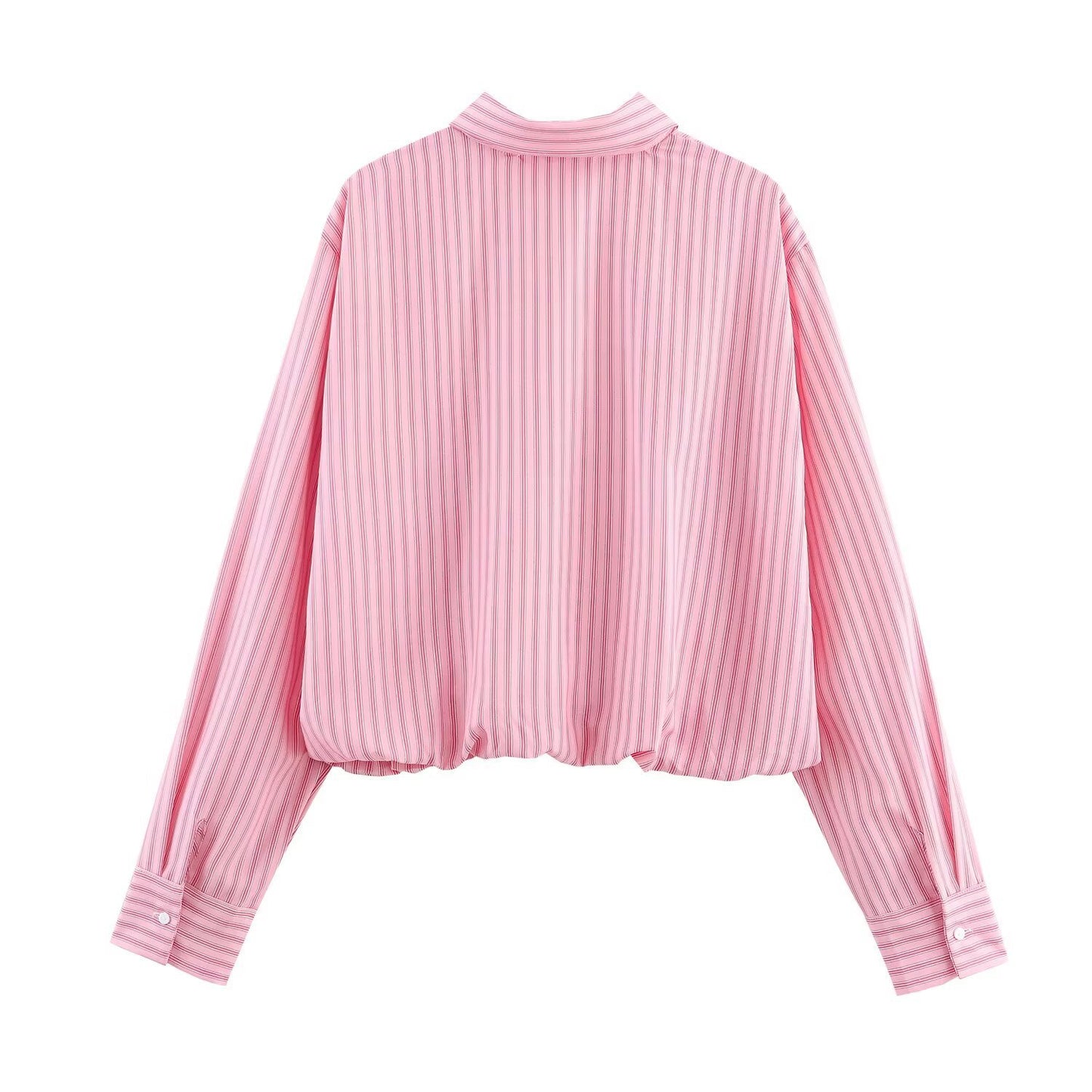 Collar single breasted long sleeved striped pink shirt for women