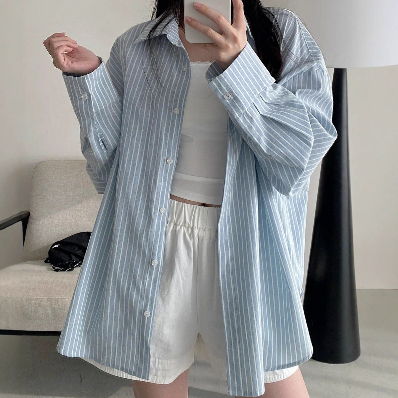 Polo Collar Light Blue Long Sleeve Striped Shirt Women's Chic Loose Cardigan Top