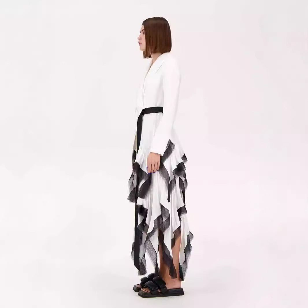 Asymmetric pleated loose mouth ruffle edge contrasting long suit jacket for women