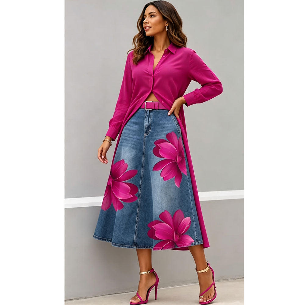 Style Floral Print Washed Denim High Waist Midi Skirt