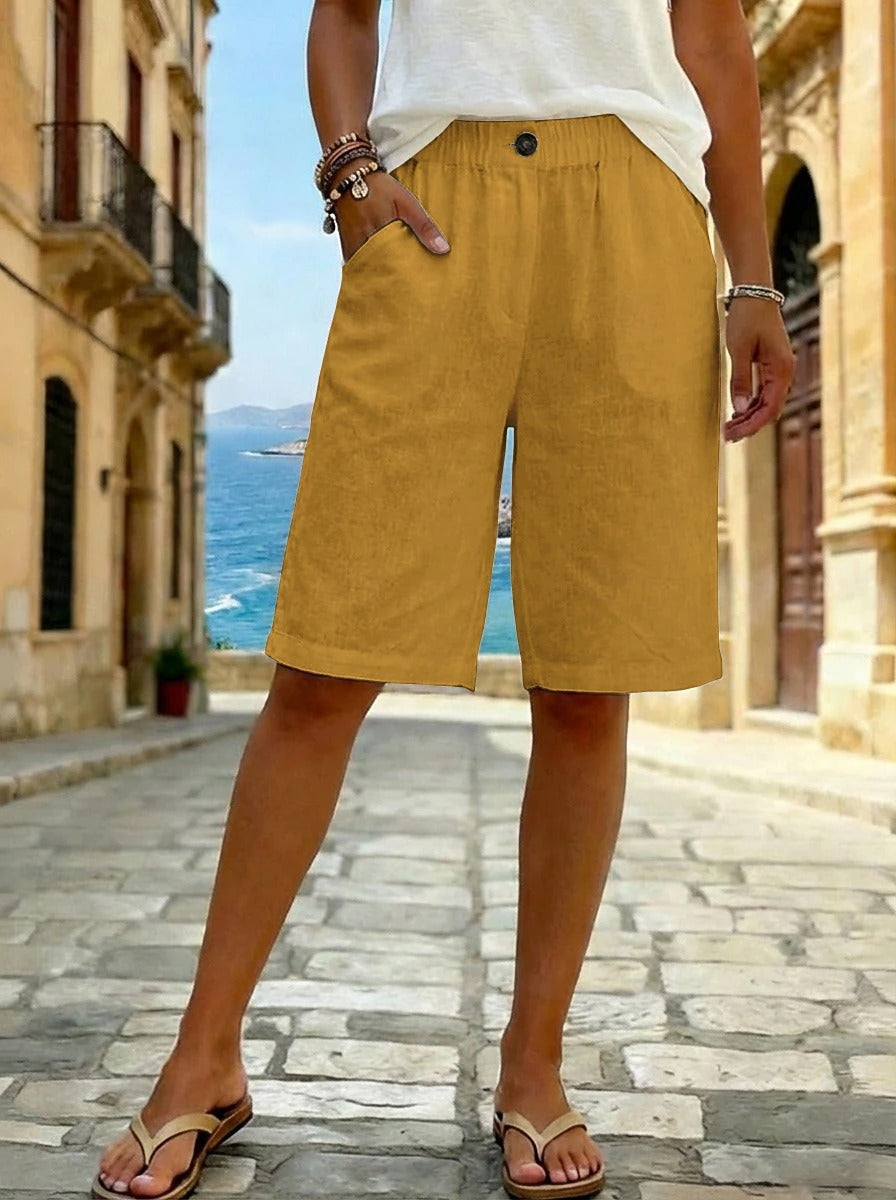 Casual Solid Color Mid-Waist Linen-Like Shorts for Women Summer Fashion Short Pants