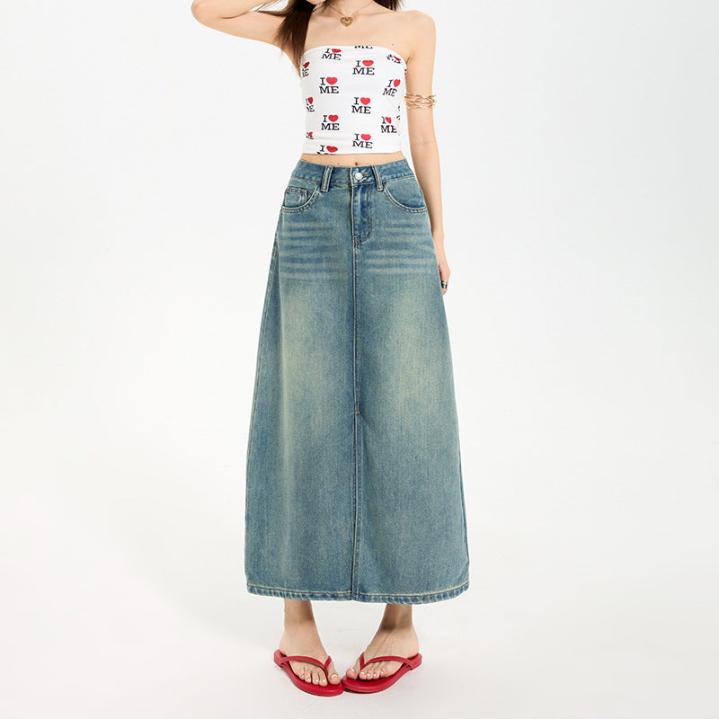 High Waist Slit Denim Skirt Women's Mid-Length Vintage A-Line Fitted Skirt