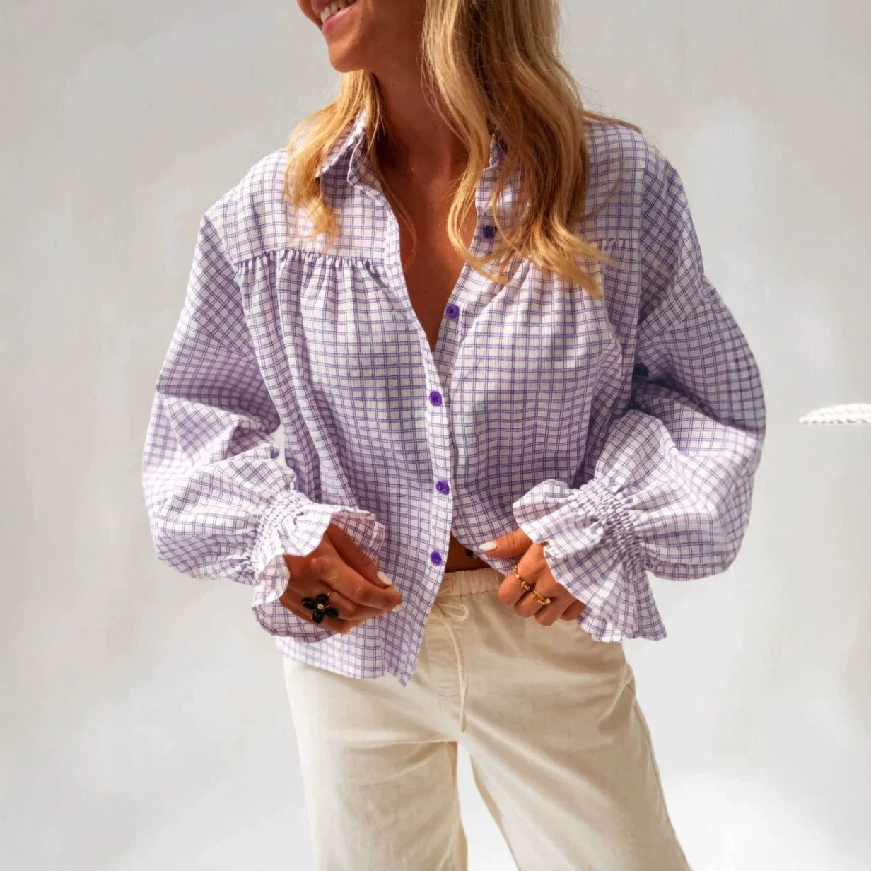 Style new women's flared sleeve plaid long sleeve shirt