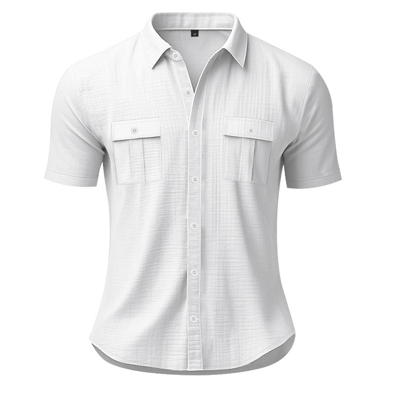 Solid color cardigan short sleeved loose collar men's shirt
