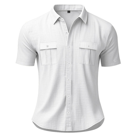 Solid color cardigan short sleeved loose collar men's shirt