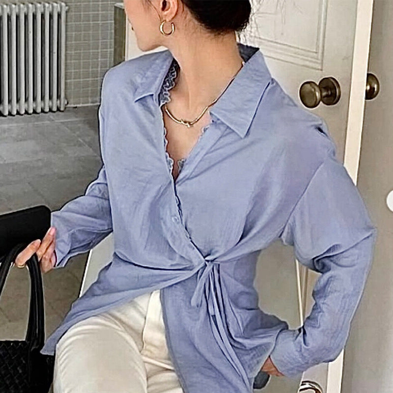 Blue long sleeved lace up shirt