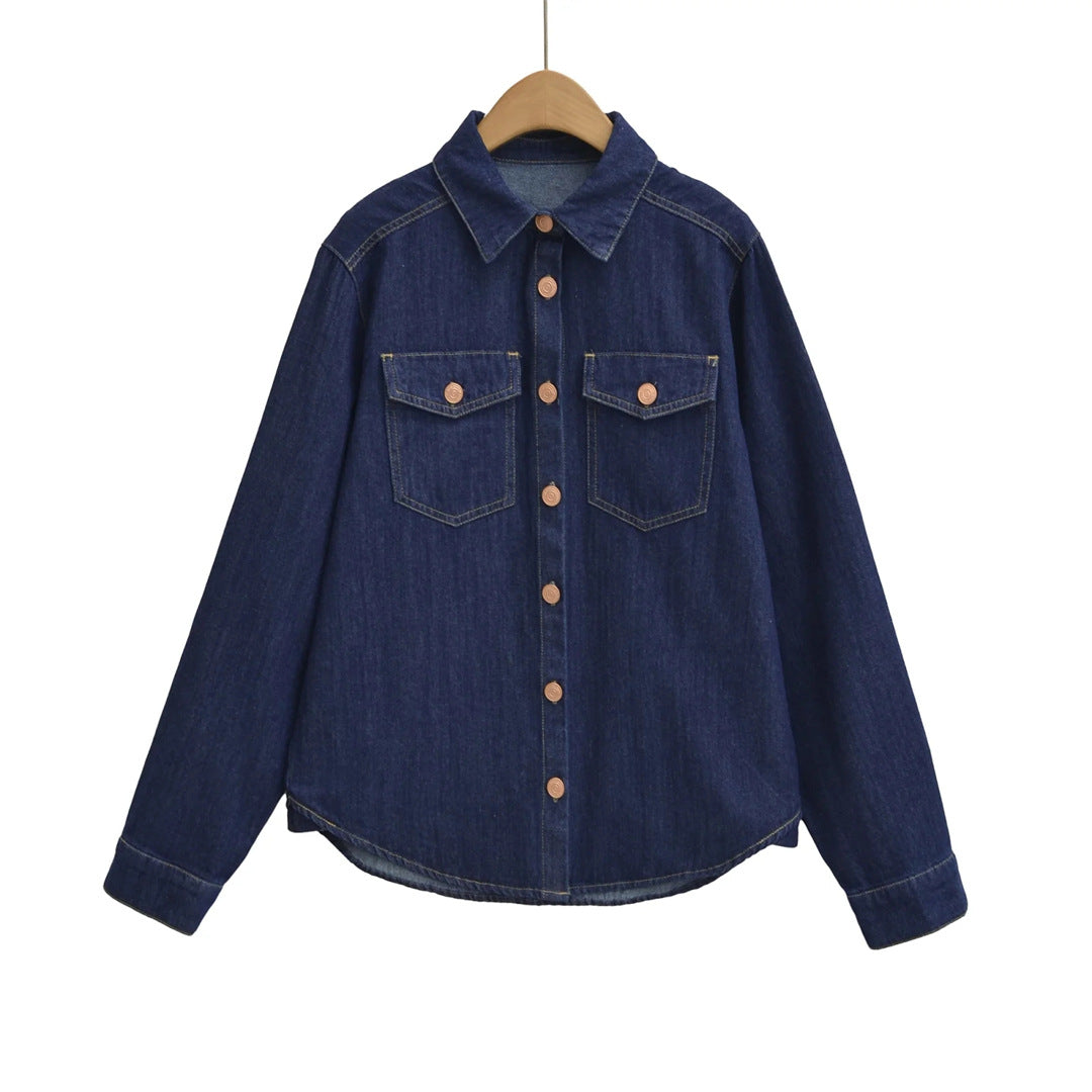 Style Retro Turn-Down Collar Single-Breasted Denim Long Sleeve Shirt Women's Design Sense Curved Hem Loose Casual Top