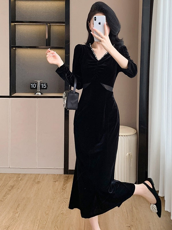 Fashionable Autumn/Winter New Elegant Hollow-Out Design Spliced Mermaid Velvet Dress