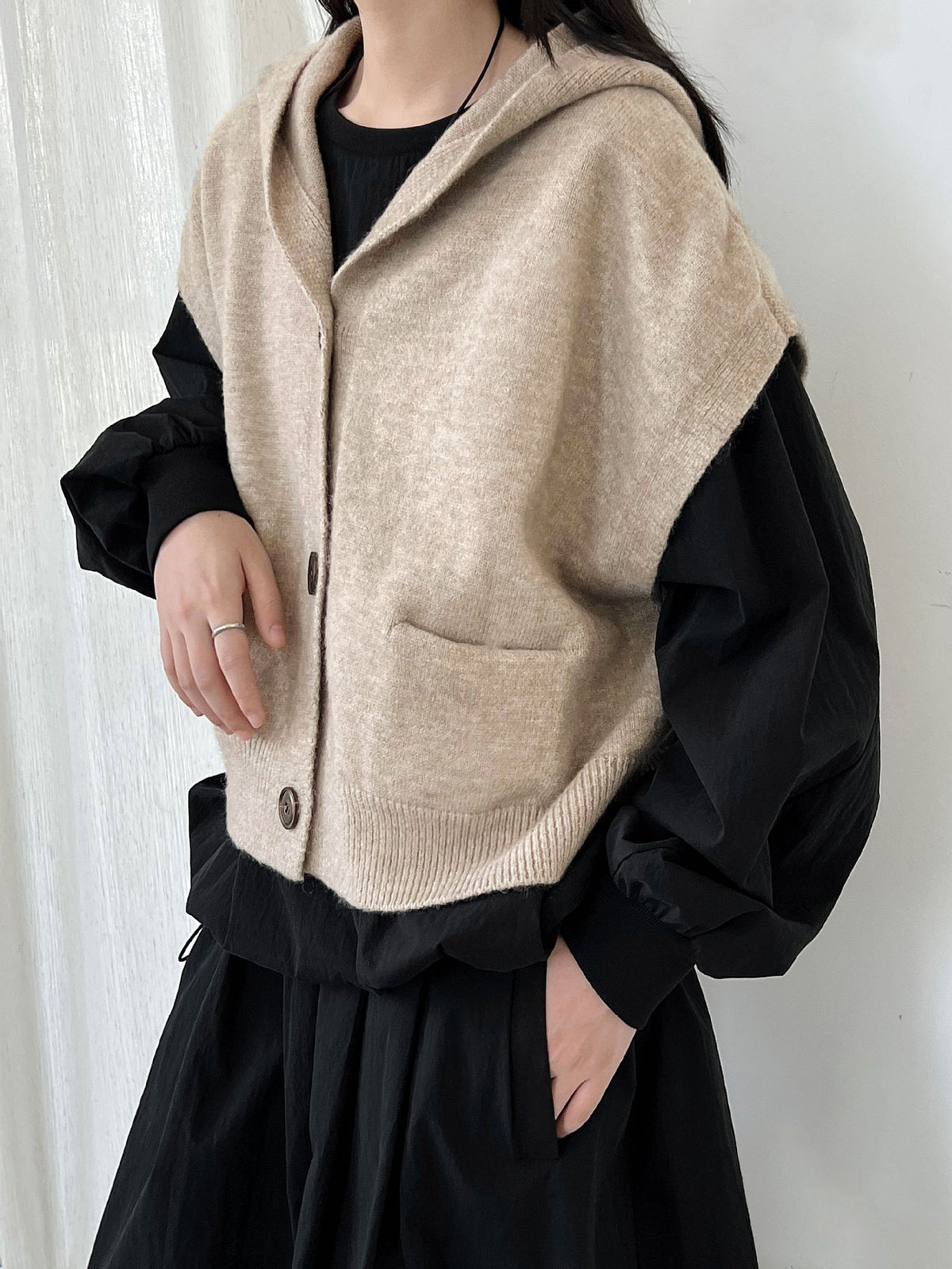 Loose Oversized Hooded Sleeveless Knit Cardigan for Women, Autumn New Layering Short Vest