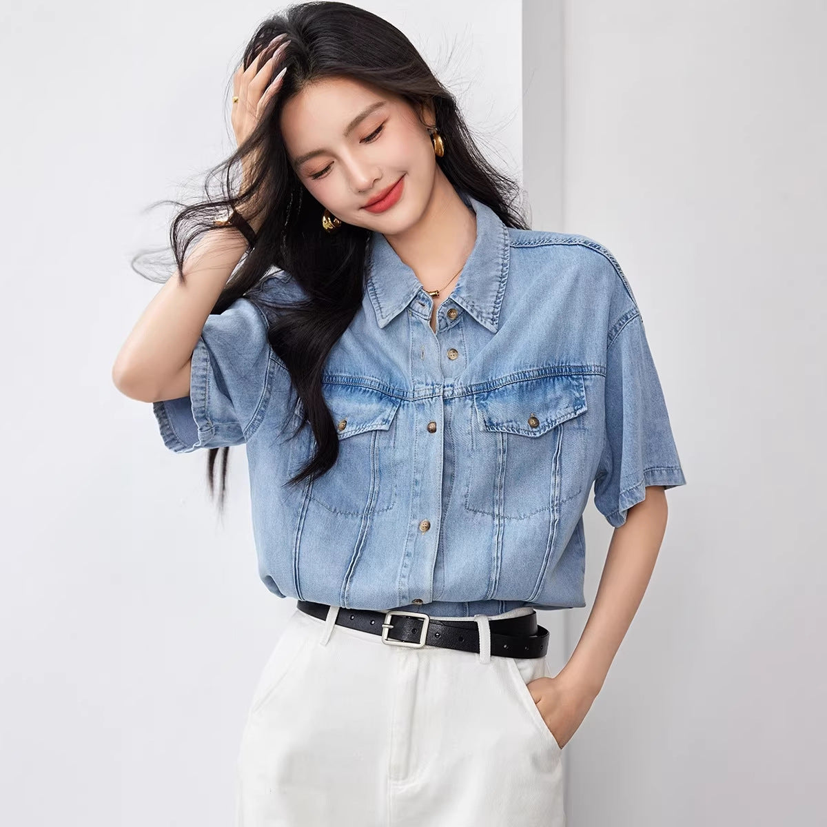 Summer Short Sleeve Denim Shirt Inner Layer Blouse Women's Casual Workwear Blue Top