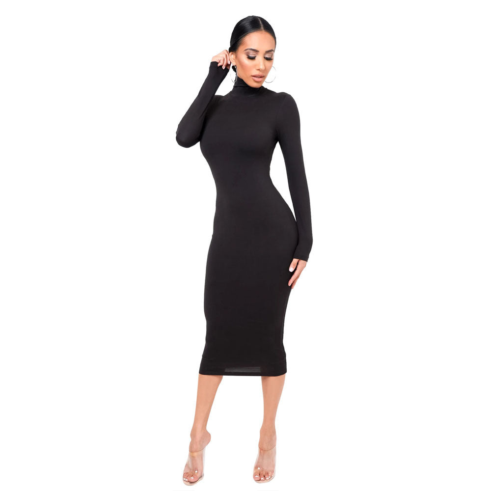 Autumn Winter New Fashion Sexy High Neck Dress Knit Thick Fitted Bodycon Dress