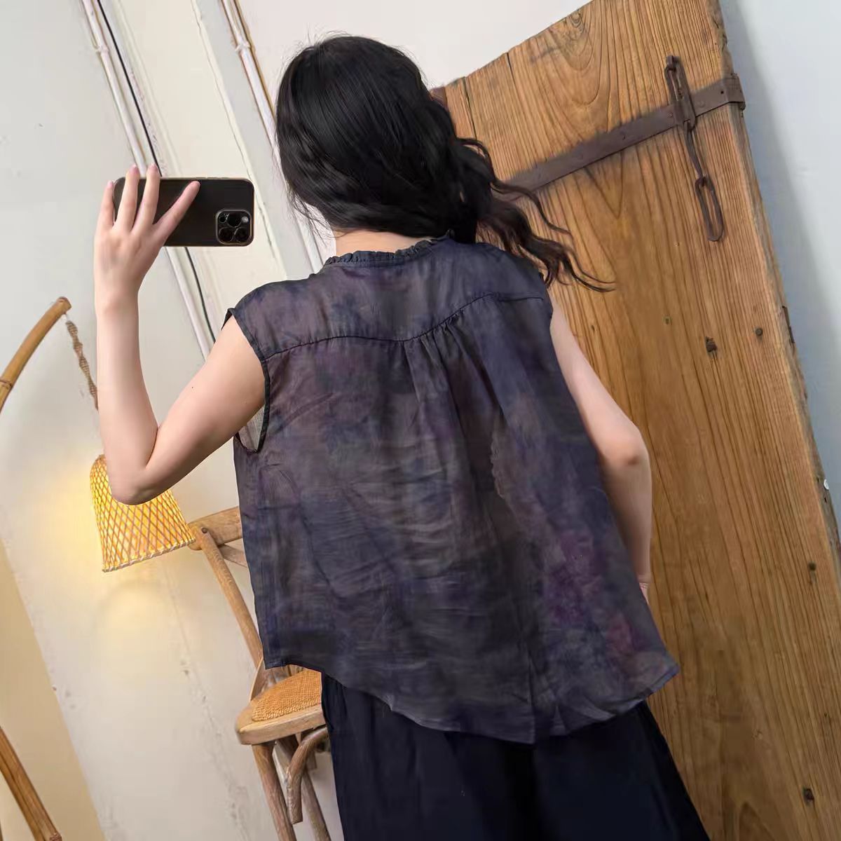 Summer New Versatile Literary Style Printed Collar Tie Button Sleeveless Hemp Blouse