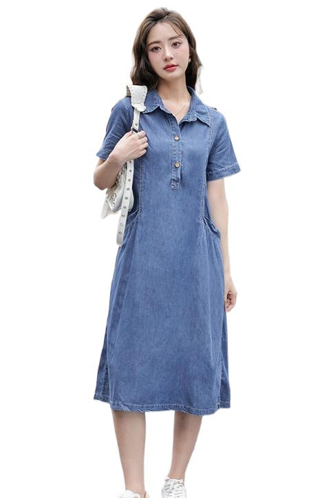 Lightweight Denim Dress Summer New Women's Short Sleeve Casual Youthful Plus Size Mid-Length Dress in Color Photo