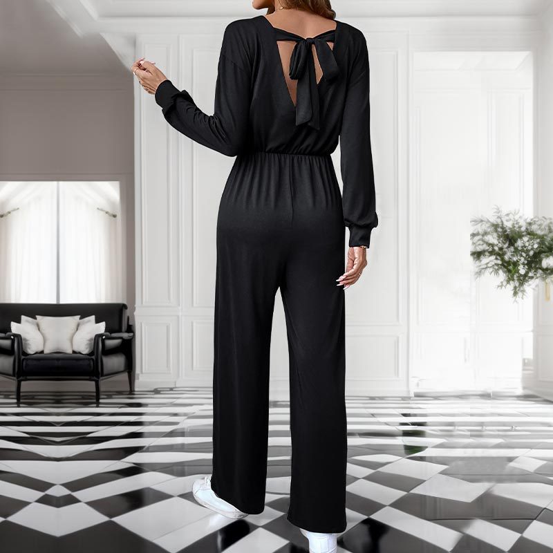 Casual  Solid Color Long Sleeve Pocket Draping Jumpsuit for Women