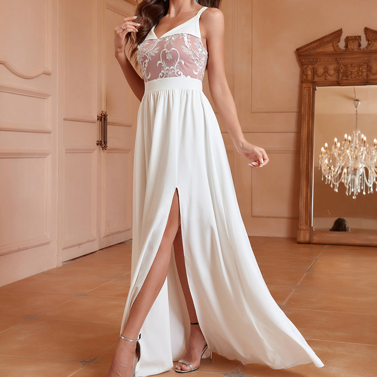 Solid color backless long dress, lace white sexy slit evening gown