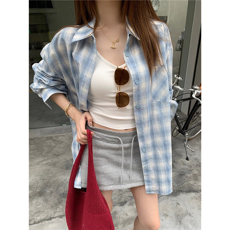 Lazy Style Notched Collar Plaid Long Sleeve Shirt  Thin Casual Loose Sunscreen Cardigan Blouse Women's Outerwear